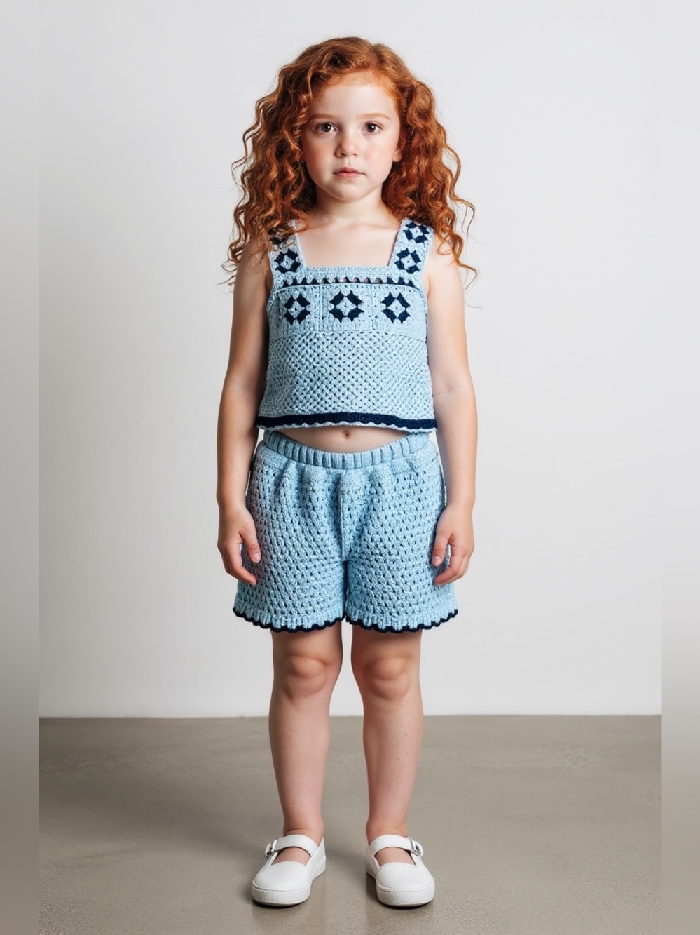 Girls btween Light Blue Crochet Tank & Shorts Set with Navy Accents